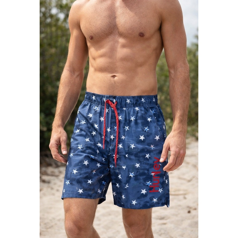 Hurley Men's Swim Trunks Small Blue Star Print Tie Dye Mesh‎ Lined Drawstring